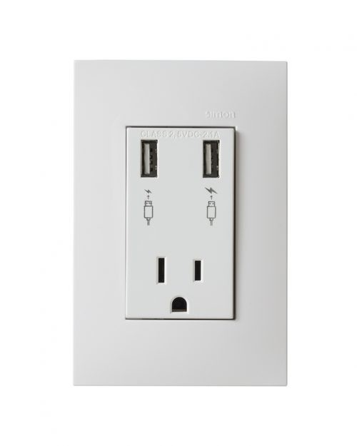 TOMA CORRIENTE 2P + T CON DOS CARGADORES USB CON PLACA COLOR BLANCO SIMON | Simon 25 | CODIGO 25454-60
